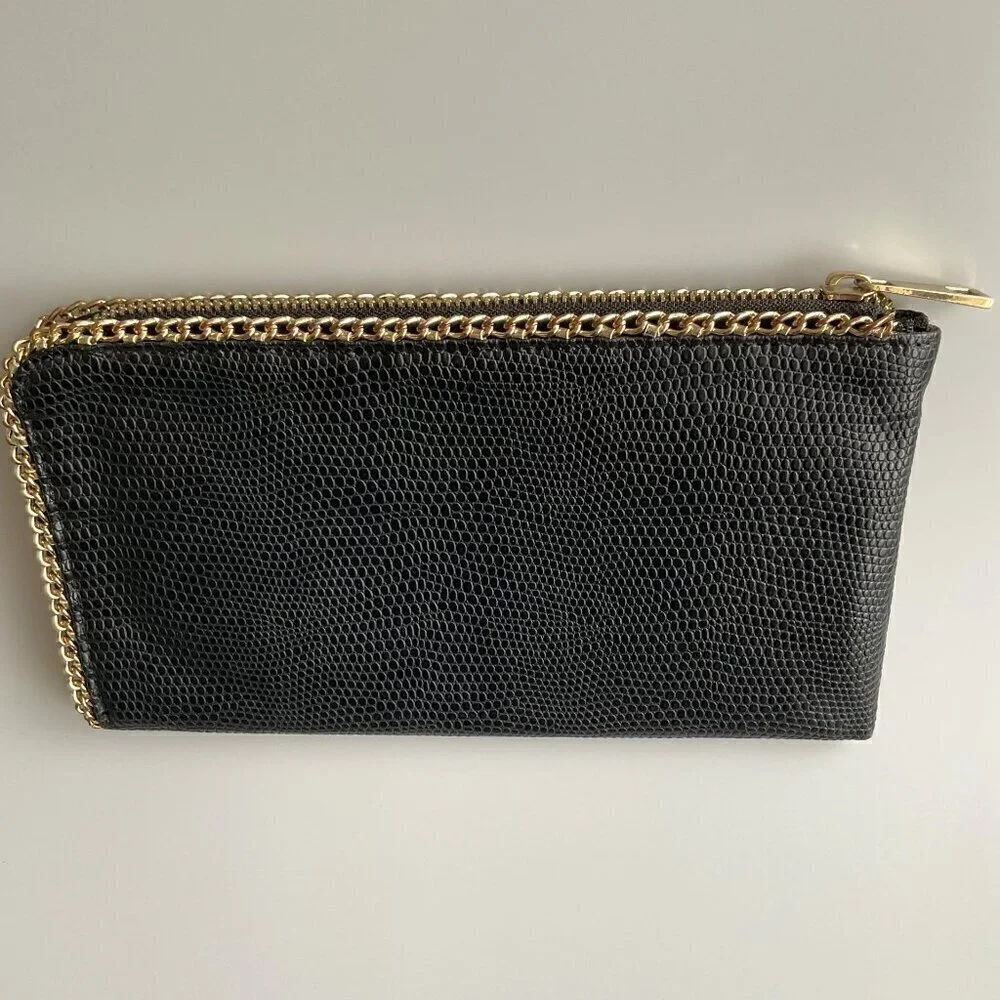 BLACK FAUX  SNAKE SKIN CLUTCH PURSE WITH  GOLD CHAIN DETAIL